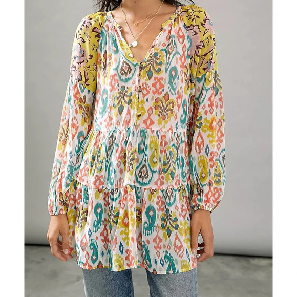 Anthropologie Maureen Babydoll Tunic Blouse Sheer Multicolor Floral Paisley M - Picture 1 of 16